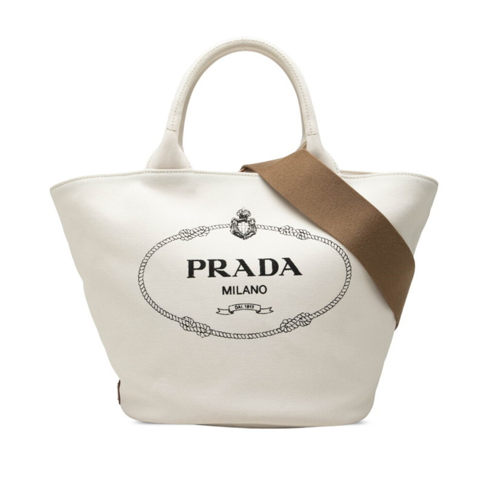 Prada Triangle Logo Plate Canapa Tote Bag Shoulder 2WAY 1BG186 White Canvas W...